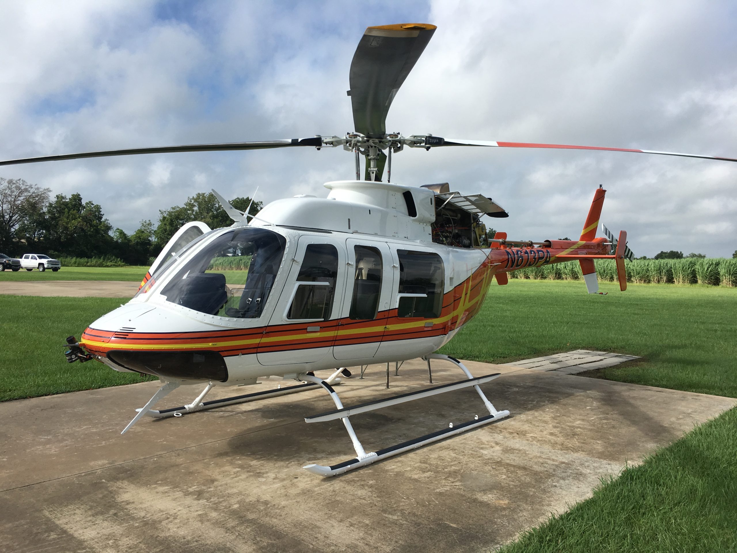 Bell 407 helicopter at Arrow Aviation service facility